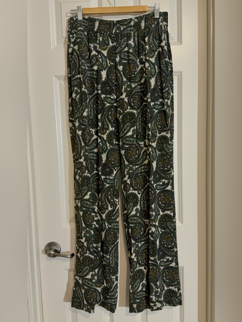 Zara Woman Green & Cream Paisley Wide-Leg Pants